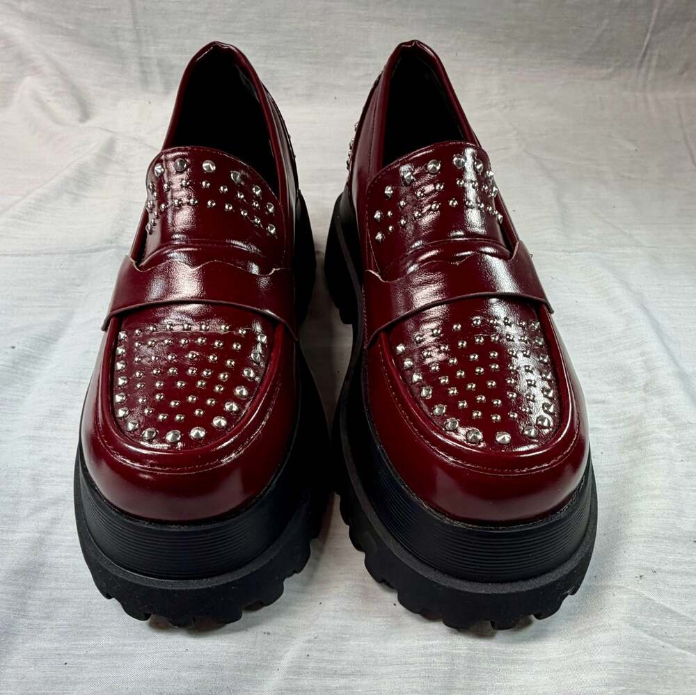 Feetquake Burgundy Studded Chunky Platform Loafers - Picture 2 of 8
